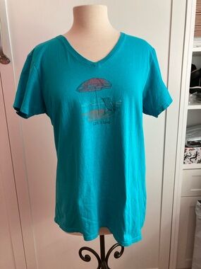 Life is Good v-neck t-shirt with beach graphic.